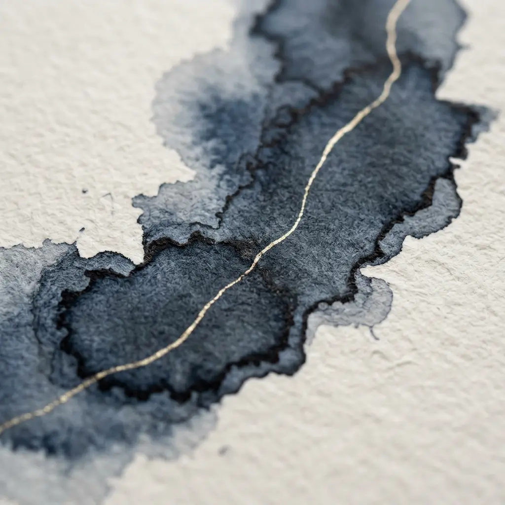 Slate ink pooled on paper, crossed by one fine gold line.